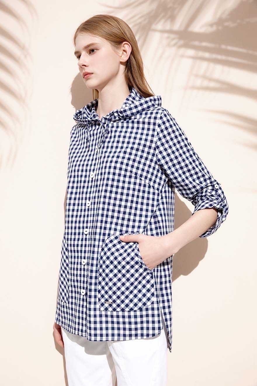 經典格連帽反折袖休閒上衣／外套（一衣二穿）S6022