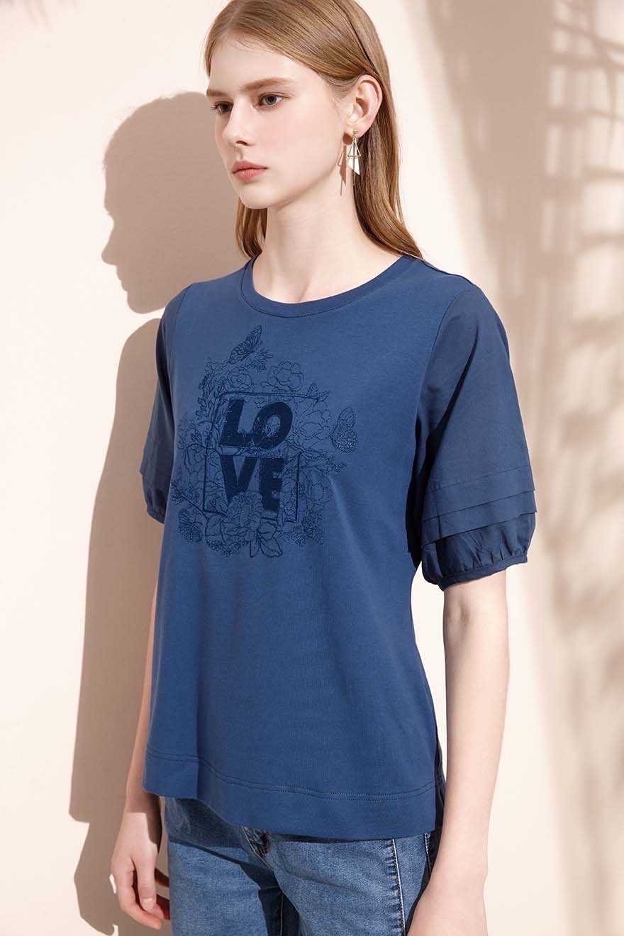 OL優雅知性繡花異材拼接五分袖棉T上衣S6581