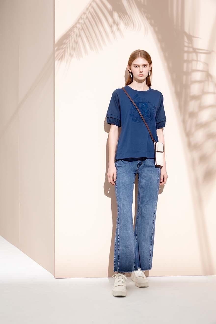 OL優雅知性繡花異材拼接五分袖棉T上衣S6581