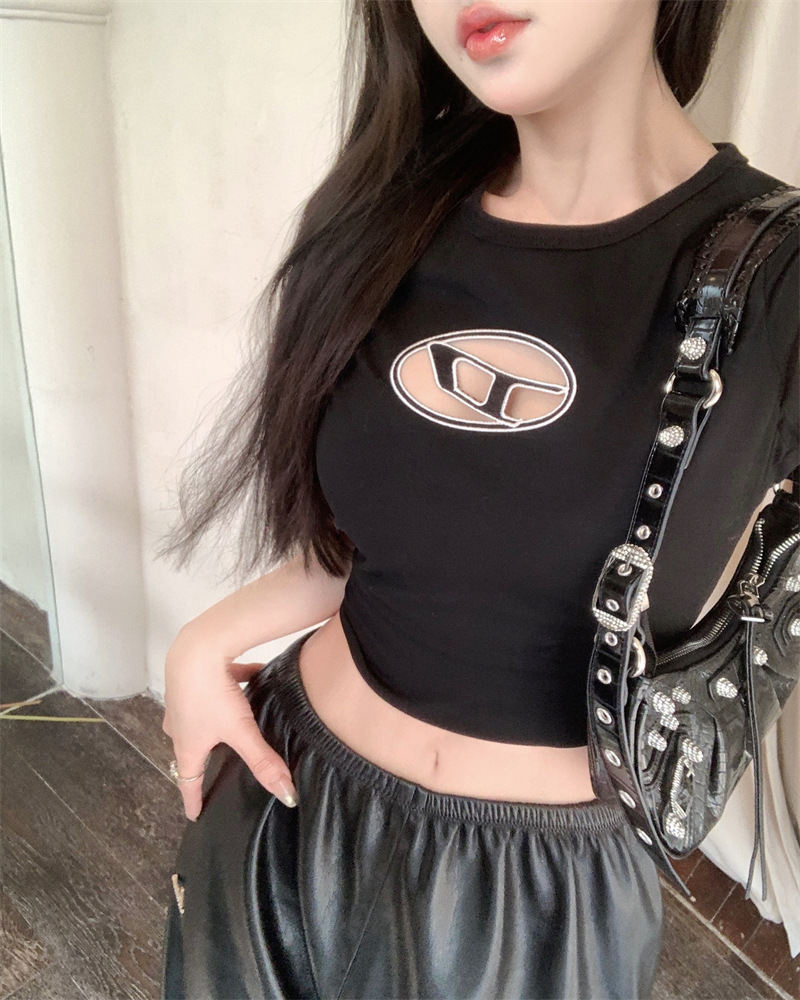 立體刺繡 簍空棉質短T(粉/白/黑)