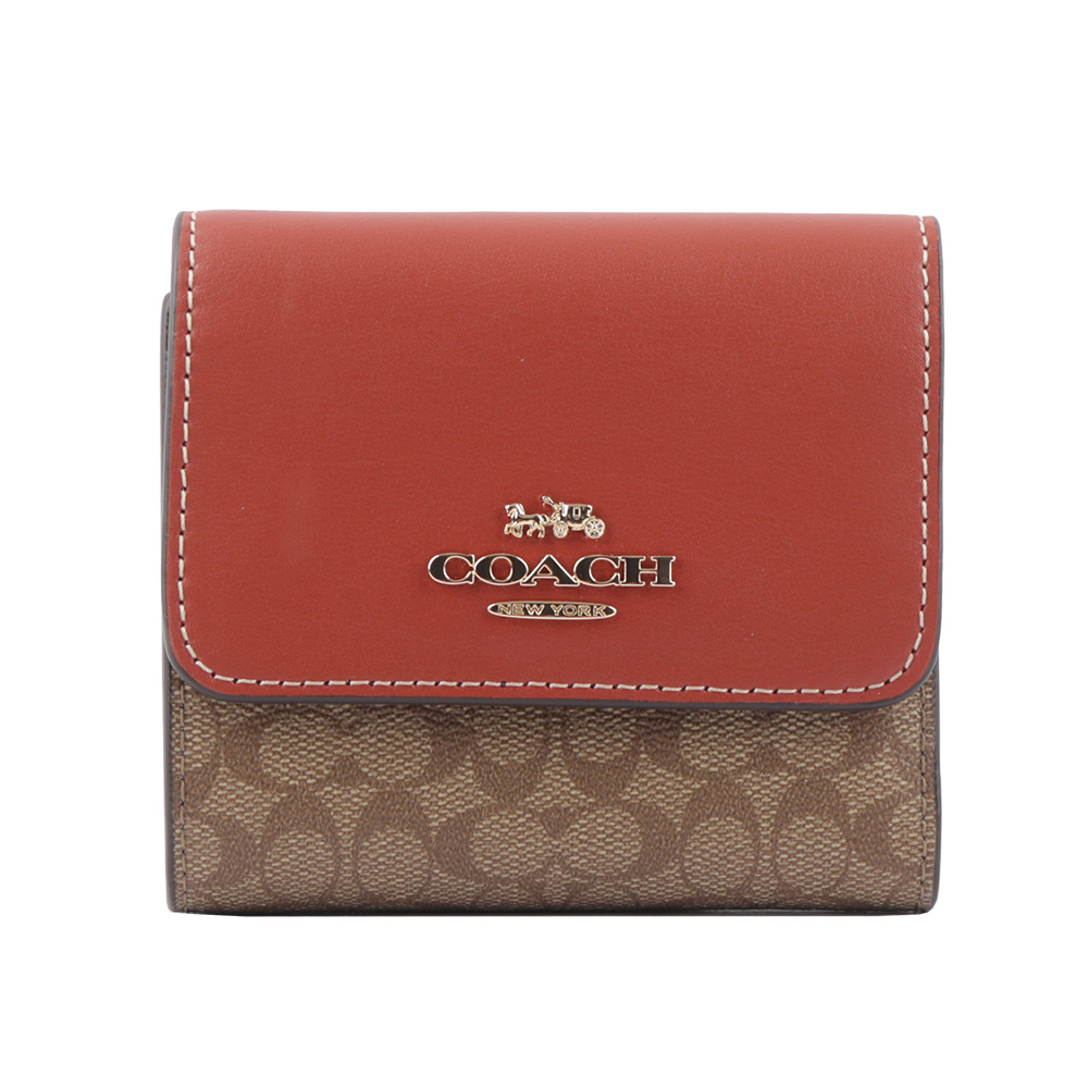 【COACH】金色Logo 拼色塗層帆布及皮革三折短夾(卡其/紅棕)