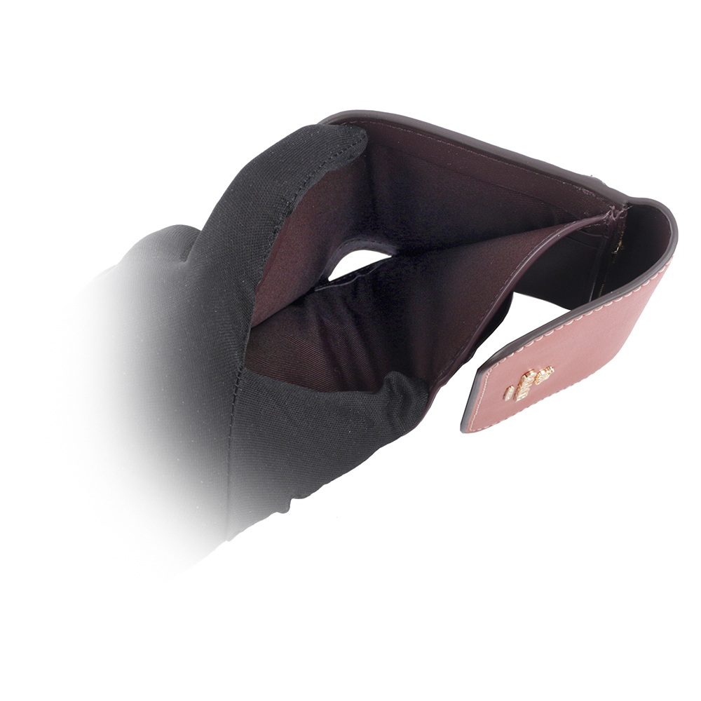 【COACH】金色Logo 拼色塗層帆布及皮革三折短夾(卡其/紅棕)