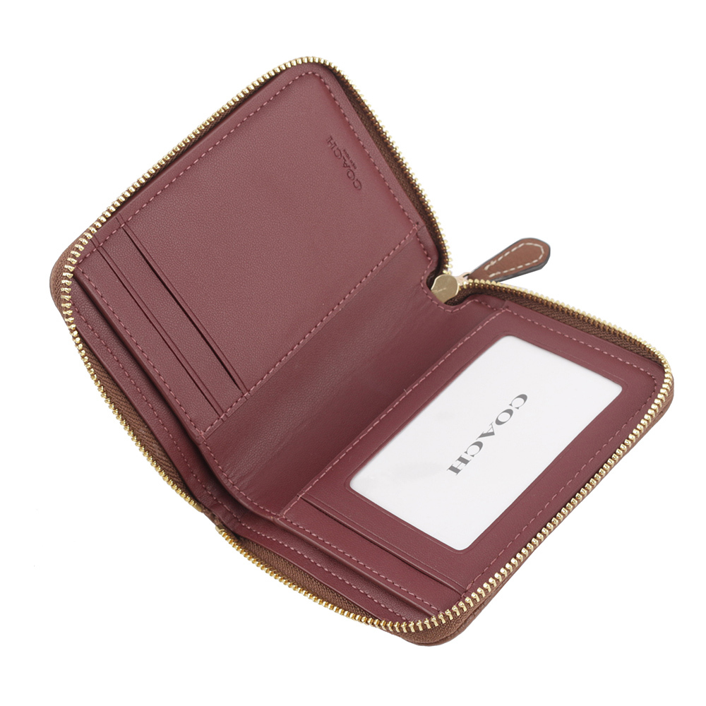 【COACH】金字馬車緹花布拼皮革ㄇ形拉鍊短夾(卡其/焦糖色)