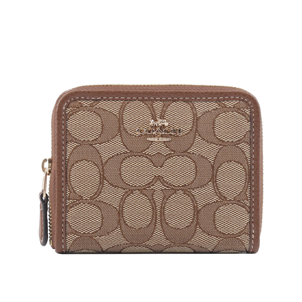 【COACH】金字馬車緹花布拼皮革ㄇ形拉鍊短夾(卡其/焦糖色)