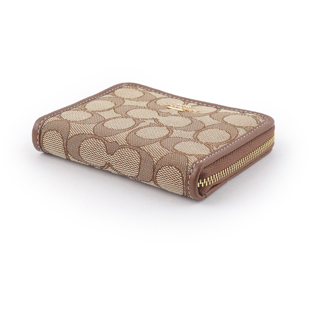 【COACH】金字馬車緹花布拼皮革ㄇ形拉鍊短夾(卡其/焦糖色)