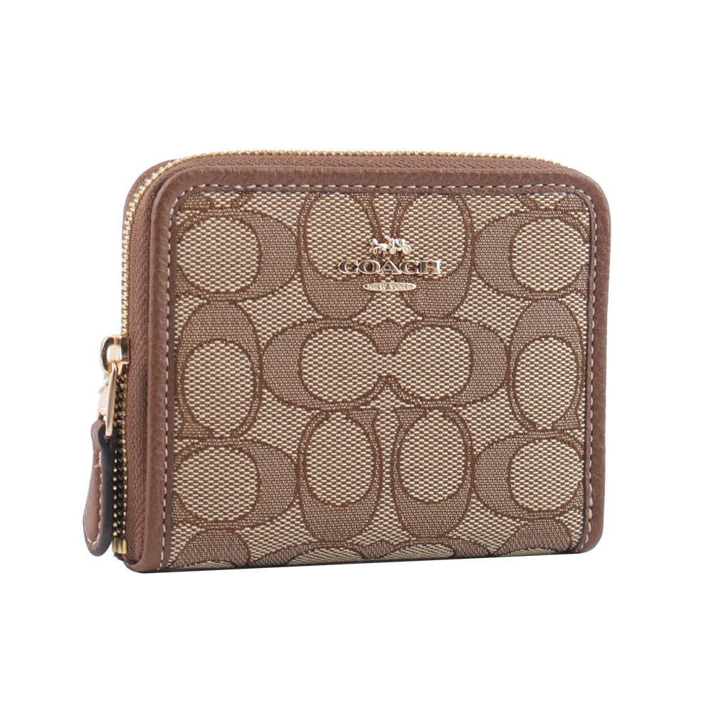 【COACH】金字馬車緹花布拼皮革ㄇ形拉鍊短夾(卡其/焦糖色)