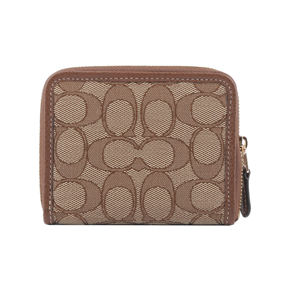 【COACH】金字馬車緹花布拼皮革ㄇ形拉鍊短夾(卡其/焦糖色)