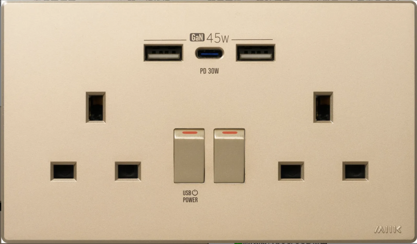 M2K GaN45W Type-C/USB 電制插座 (孖蘇) - 香濱金