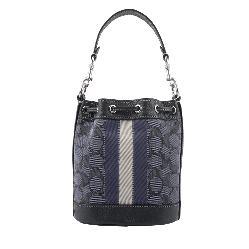 【COACH】Dempsey 緹花拼皮革條紋迷你水桶包(單寧藍/午夜藍)