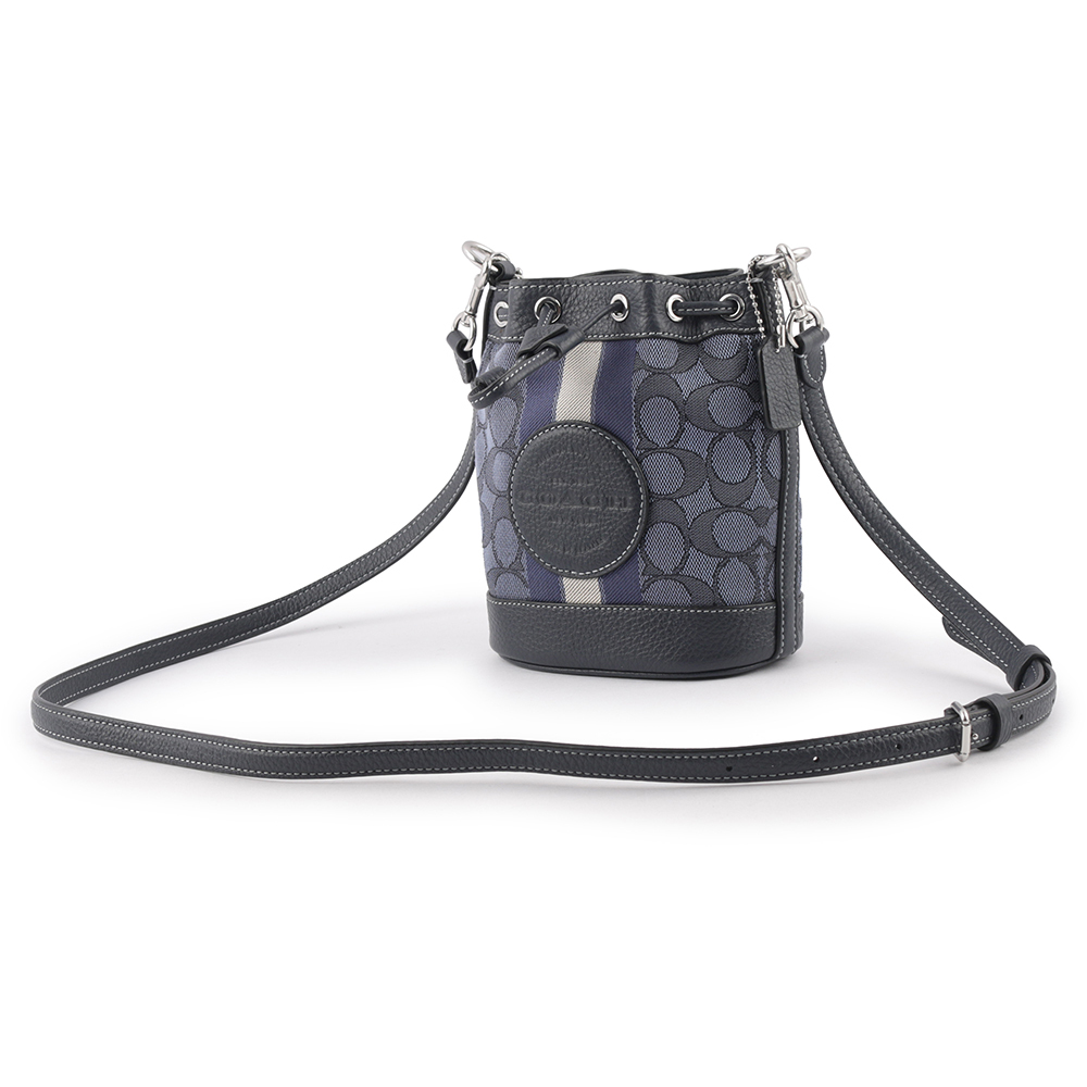 【COACH】Dempsey 緹花拼皮革條紋迷你水桶包(單寧藍/午夜藍)