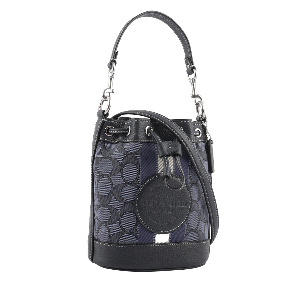 【COACH】Dempsey 緹花拼皮革條紋迷你水桶包(單寧藍/午夜藍)