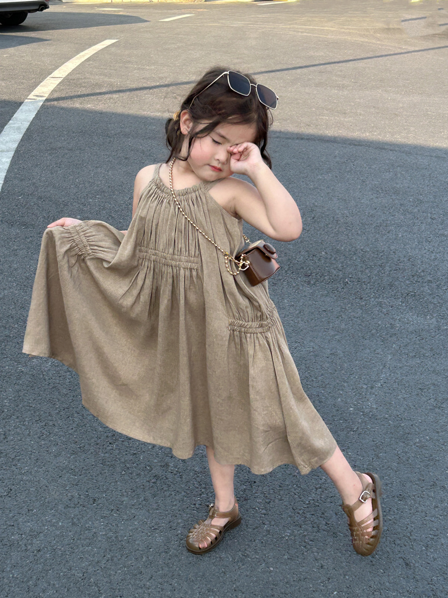 駝色亞麻吊帶裙
