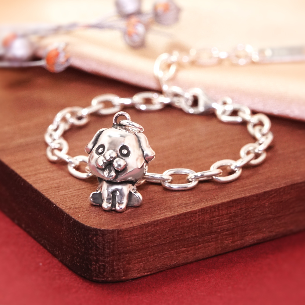 犬迎五福 狗寶寶兒童手鍊(寬版) 狗年生肖送禮 925純銀手鍊