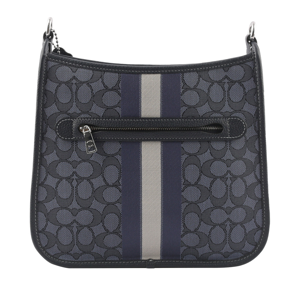 【COACH】Dempsey 緹花拼皮革條紋斜背包(單寧藍/午夜藍)