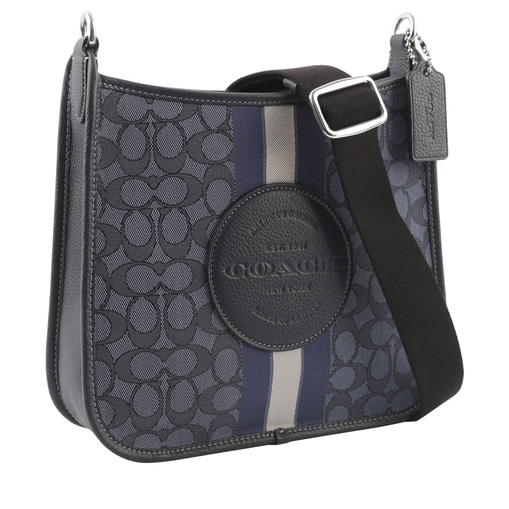 【COACH】Dempsey 緹花拼皮革條紋斜背包(單寧藍/午夜藍)