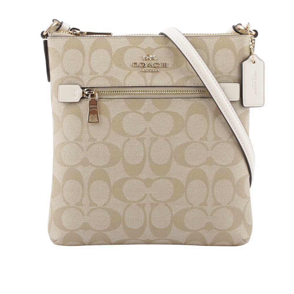 【COACH】Rowan 塗層帆布拉鍊口袋迷你方形斜背包(淺卡其/白色)