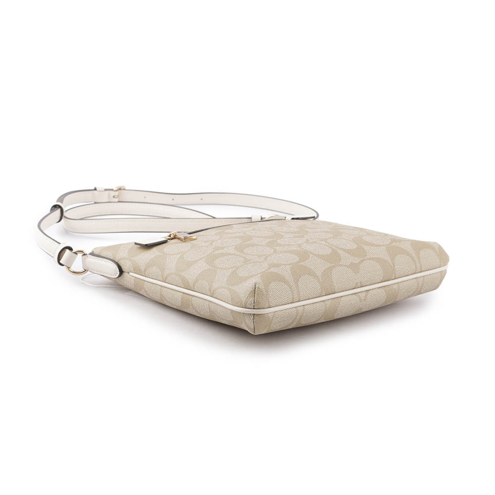 【COACH】Rowan 塗層帆布拉鍊口袋迷你方形斜背包(淺卡其/白色)