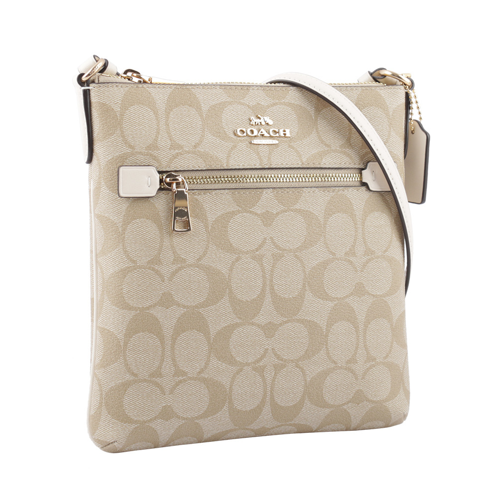 【COACH】Rowan 塗層帆布拉鍊口袋迷你方形斜背包(淺卡其/白色)