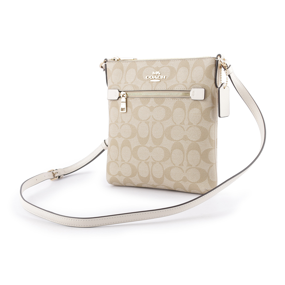 【COACH】Rowan 塗層帆布拉鍊口袋迷你方形斜背包(淺卡其/白色)