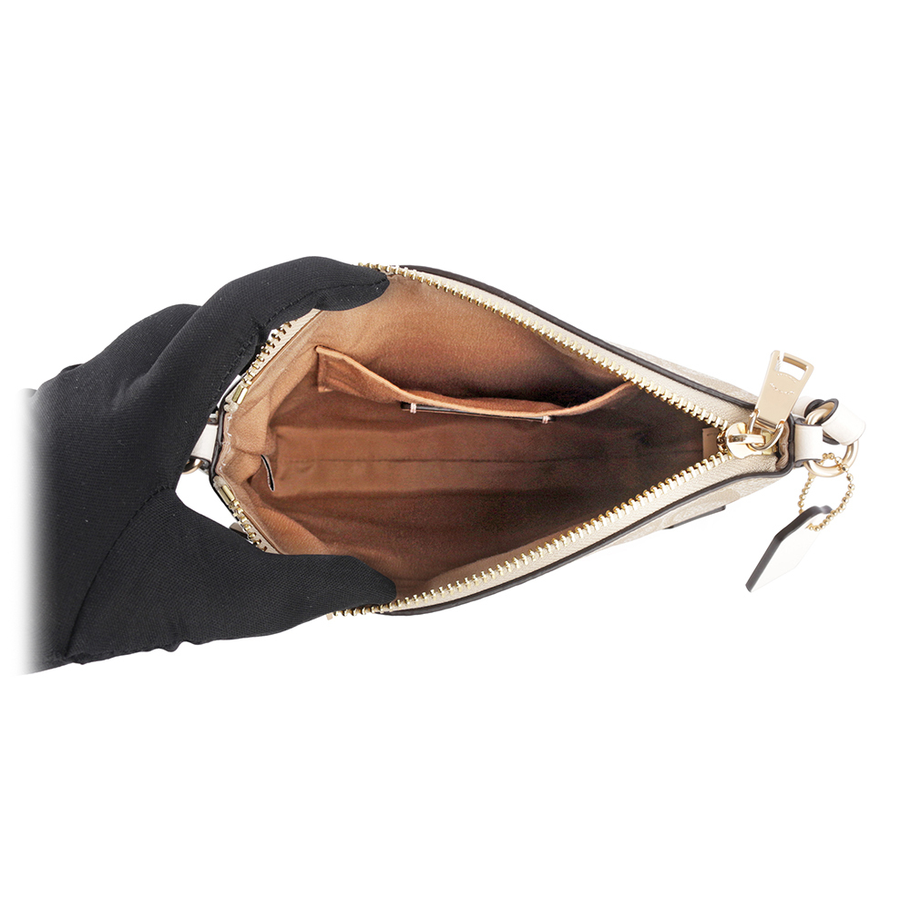 【COACH】Rowan 塗層帆布拉鍊口袋迷你方形斜背包(淺卡其/白色)