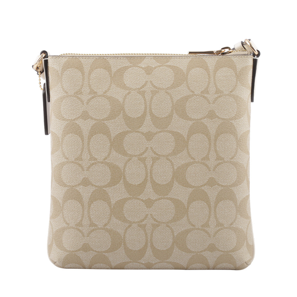 【COACH】Rowan 塗層帆布拉鍊口袋迷你方形斜背包(淺卡其/白色)