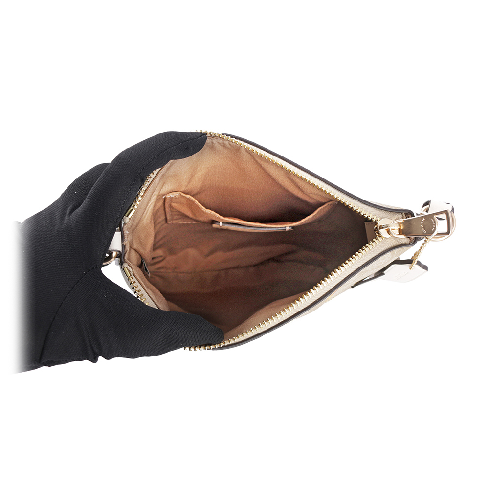 【COACH】Rowan 小花圖案拉鍊口袋迷你方形斜背包(淺卡其)