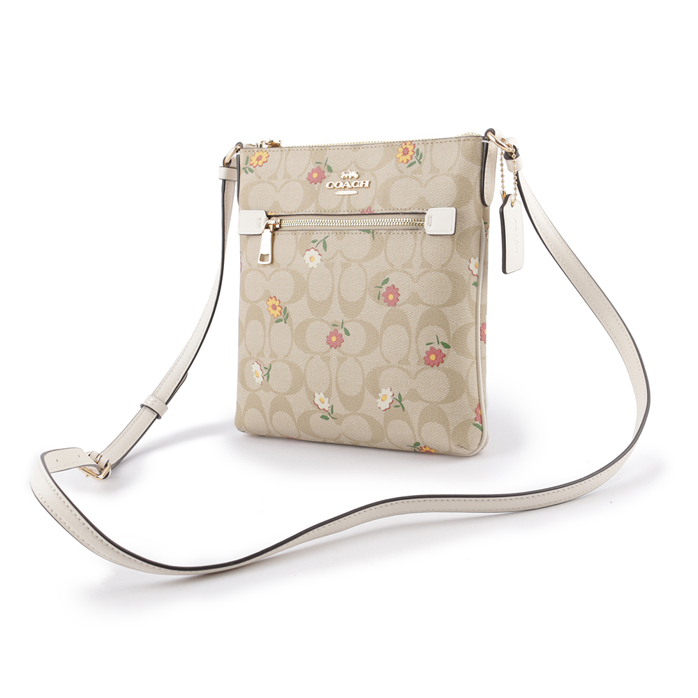 【COACH】Rowan 小花圖案拉鍊口袋迷你方形斜背包(淺卡其)