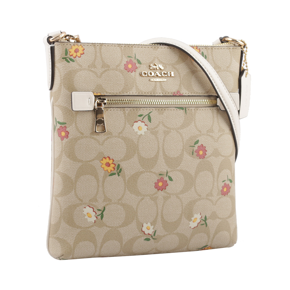 【COACH】Rowan 小花圖案拉鍊口袋迷你方形斜背包(淺卡其)