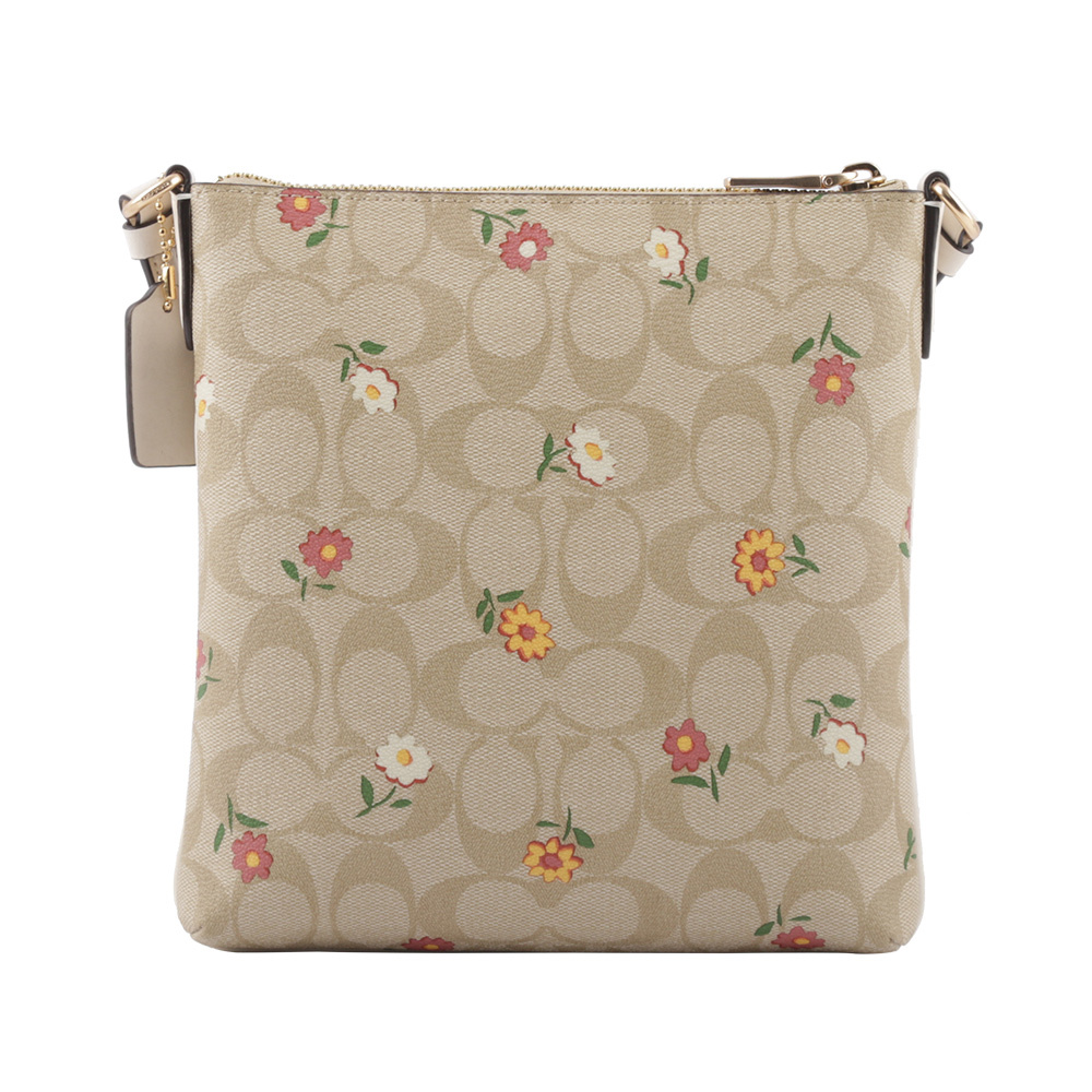 【COACH】Rowan 小花圖案拉鍊口袋迷你方形斜背包(淺卡其)
