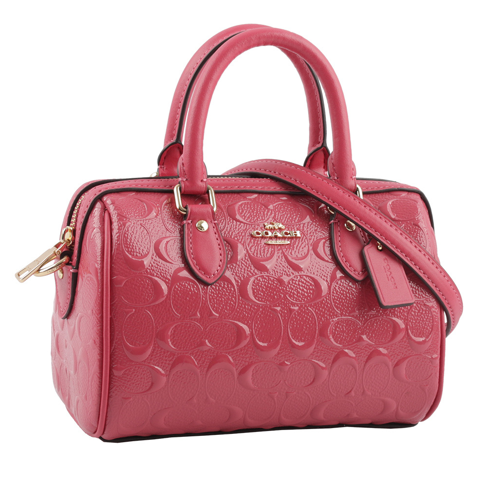 【COACH】金色Logo 浮雕皮革口袋波士頓二用包(迷你)(草莓粉)