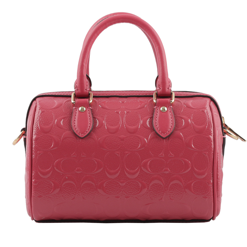 【COACH】金色Logo 浮雕皮革口袋波士頓二用包(迷你)(草莓粉)