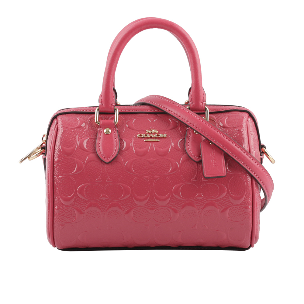 【COACH】金色Logo 浮雕皮革口袋波士頓二用包(迷你)(草莓粉)