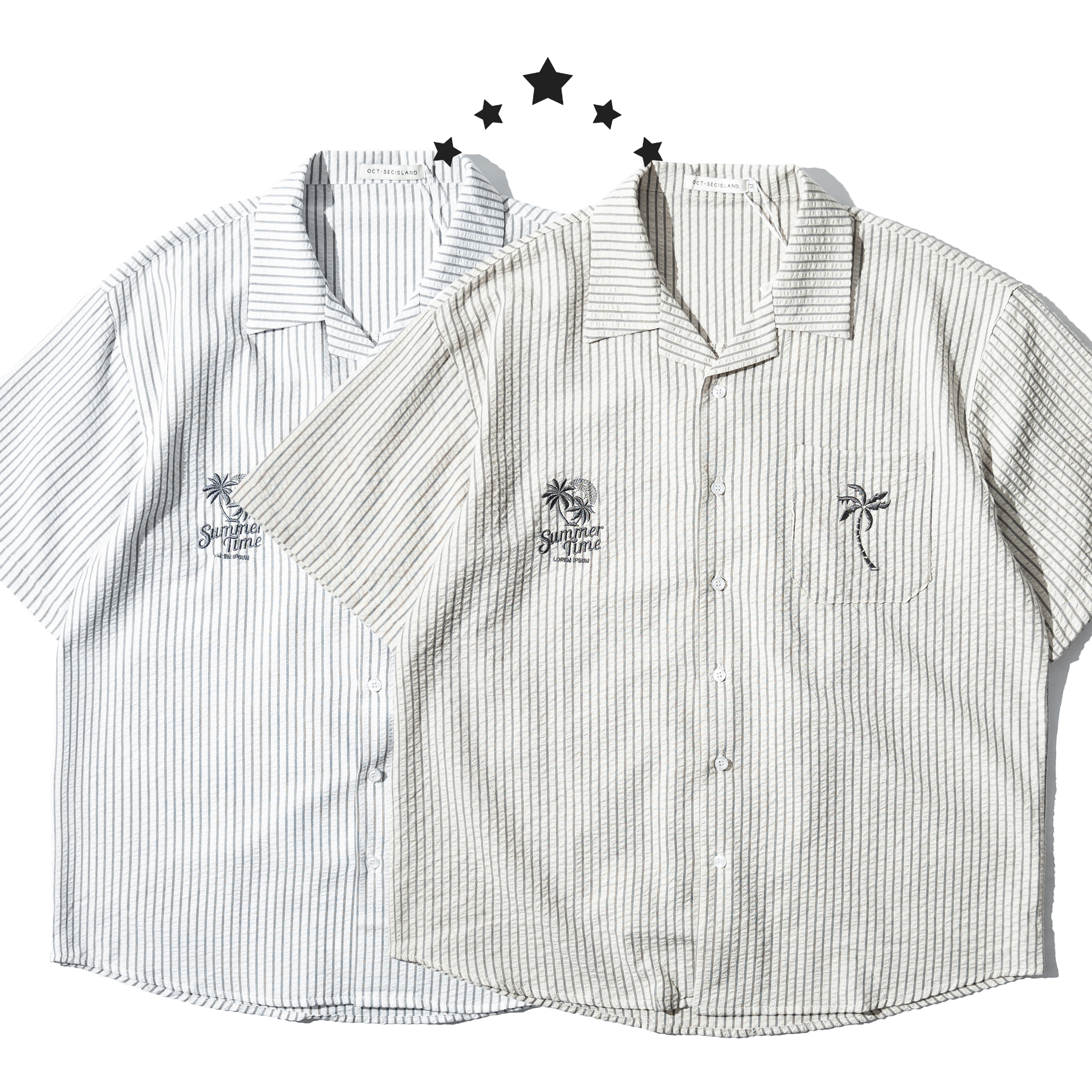 Embroidery Striped Shirts 刺繡圖騰泡泡紗襯衫[O-538]