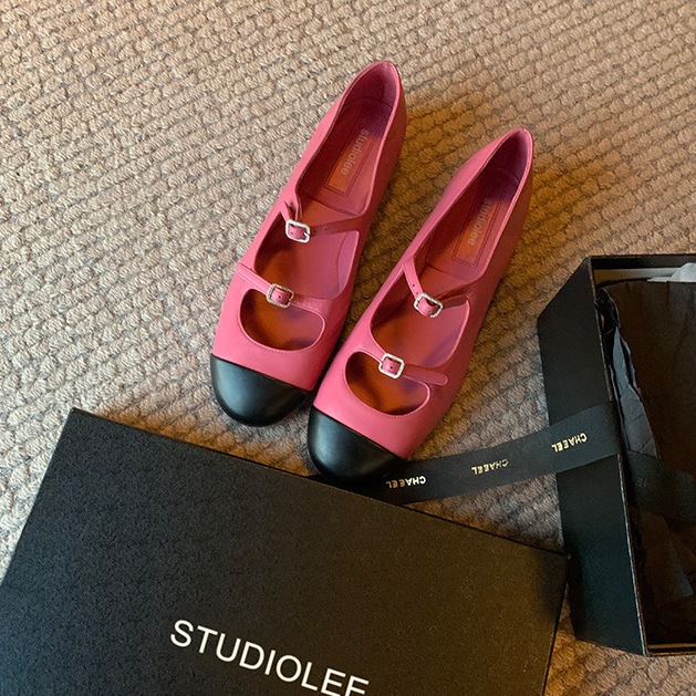 牛皮撞色芭蕾舞平底鞋(35-40)(粉/黑/白)