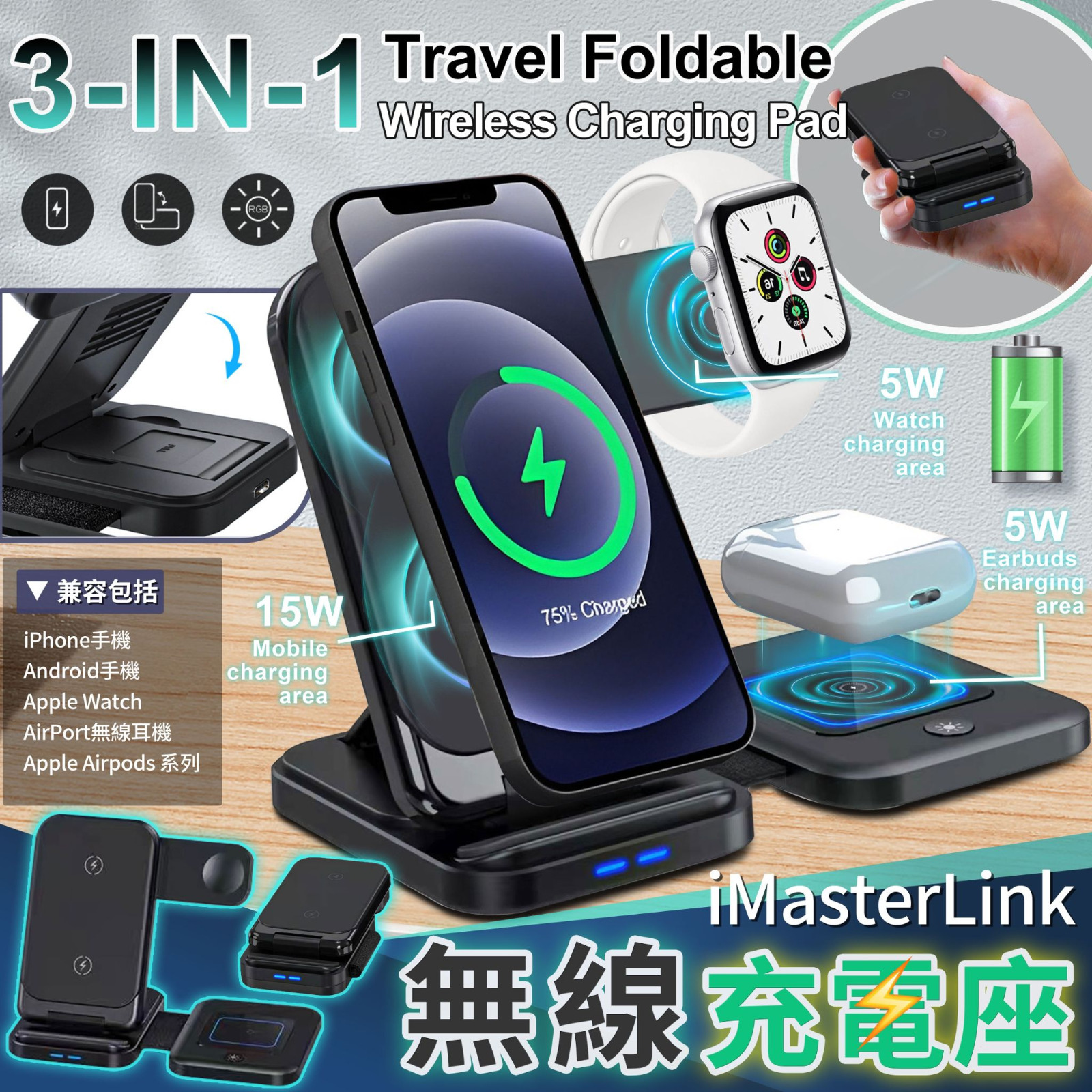 iMasterLink可摺疊3合1旅行快充電座