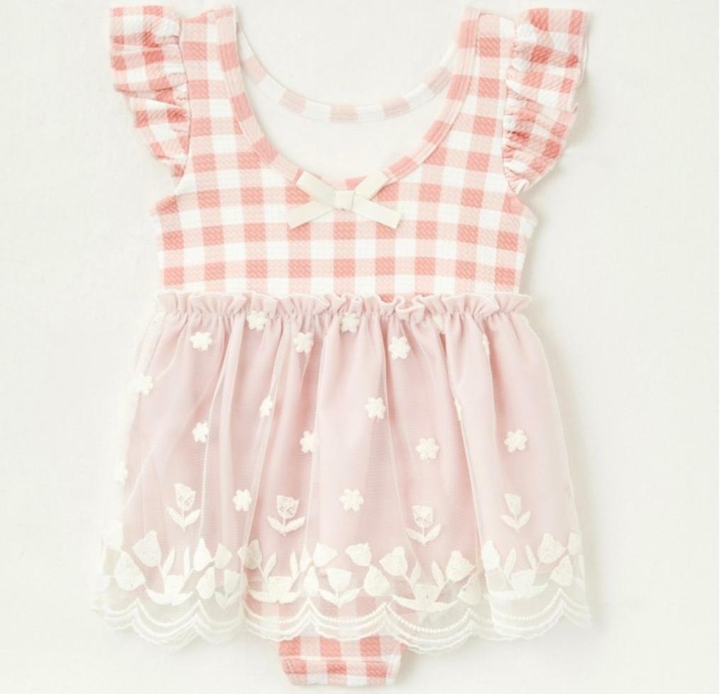 (現貨)🇯🇵日本直送粉紅格仔Lace 裙仔泳衣 (Size 80)