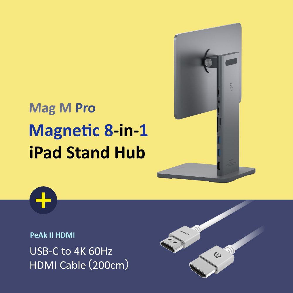 【New Arrival】Mag M Pro Magnetic 8-in-1 iPad Stand Hub + PeAk II Ultra HD 4K 60Hz HDMI Cable (2M)