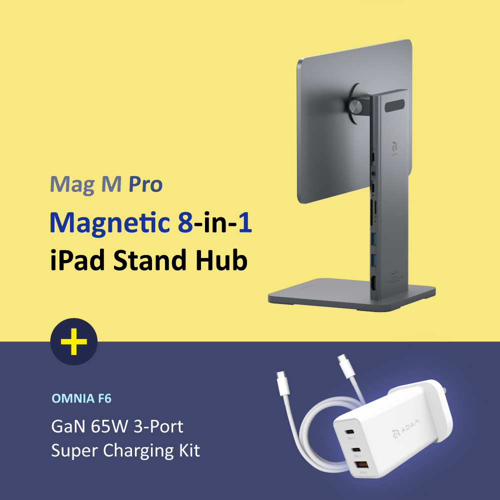【New Arrival】Mag M Pro Magnetic 8-in-1 iPad Stand Hub + OMNIA F6 65W Super Charging Kit-UK Plug