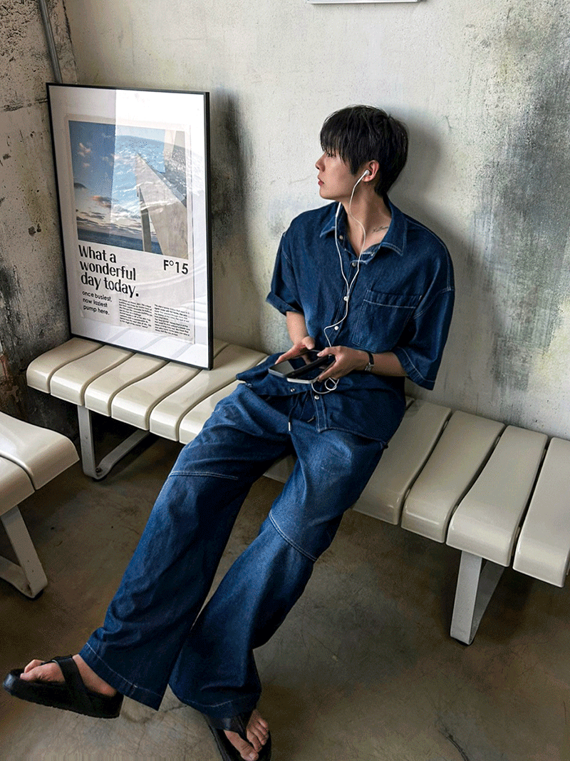 線條刷白寬腿牛仔褲