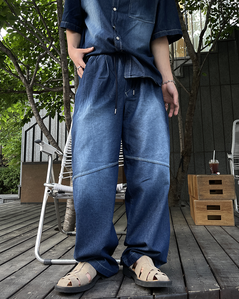 線條刷白寬腿牛仔褲