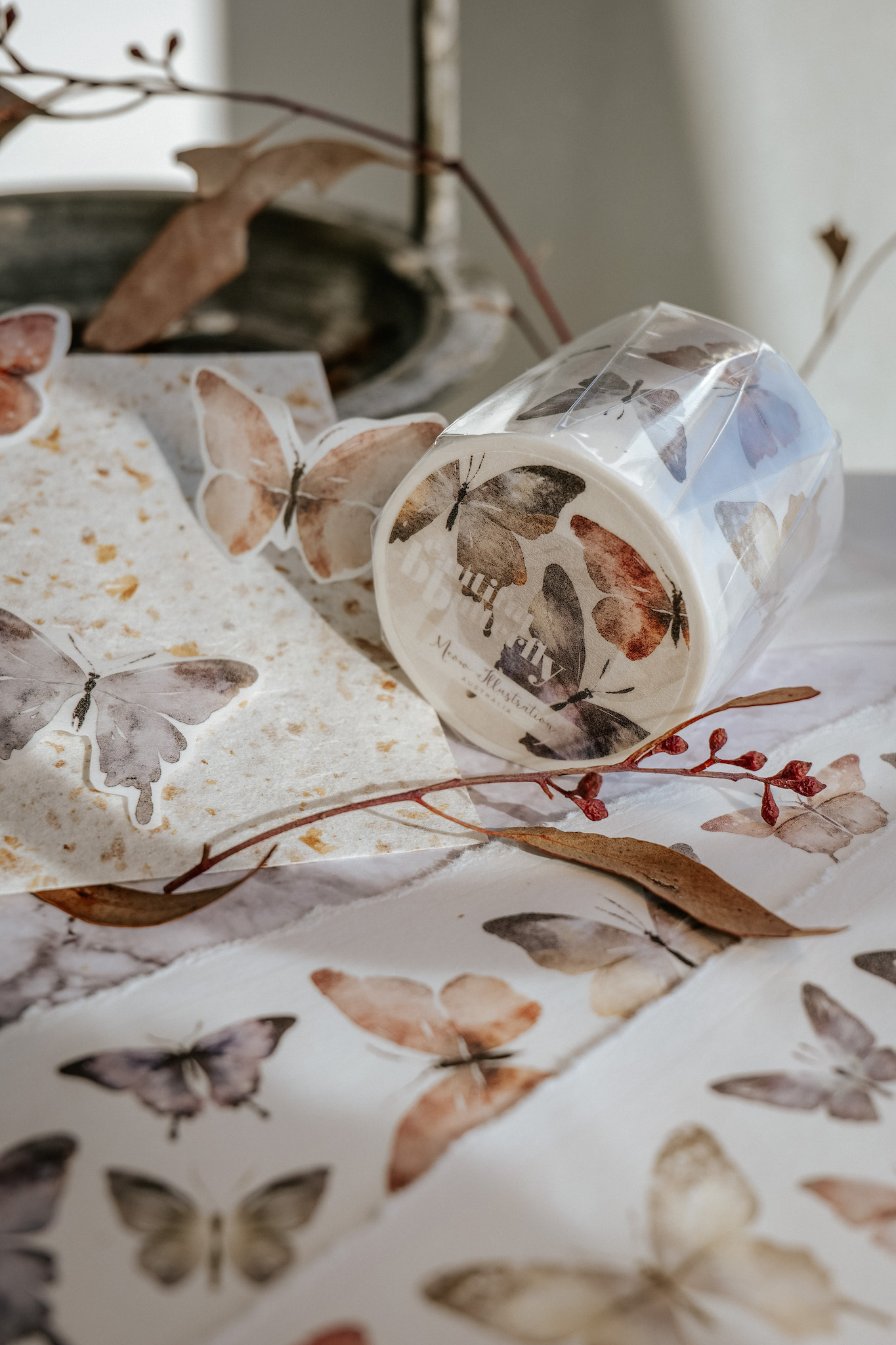 Meow Illustration．彩斑羽蝶 5cm和紙紙膠帶 <整捲/分裝>