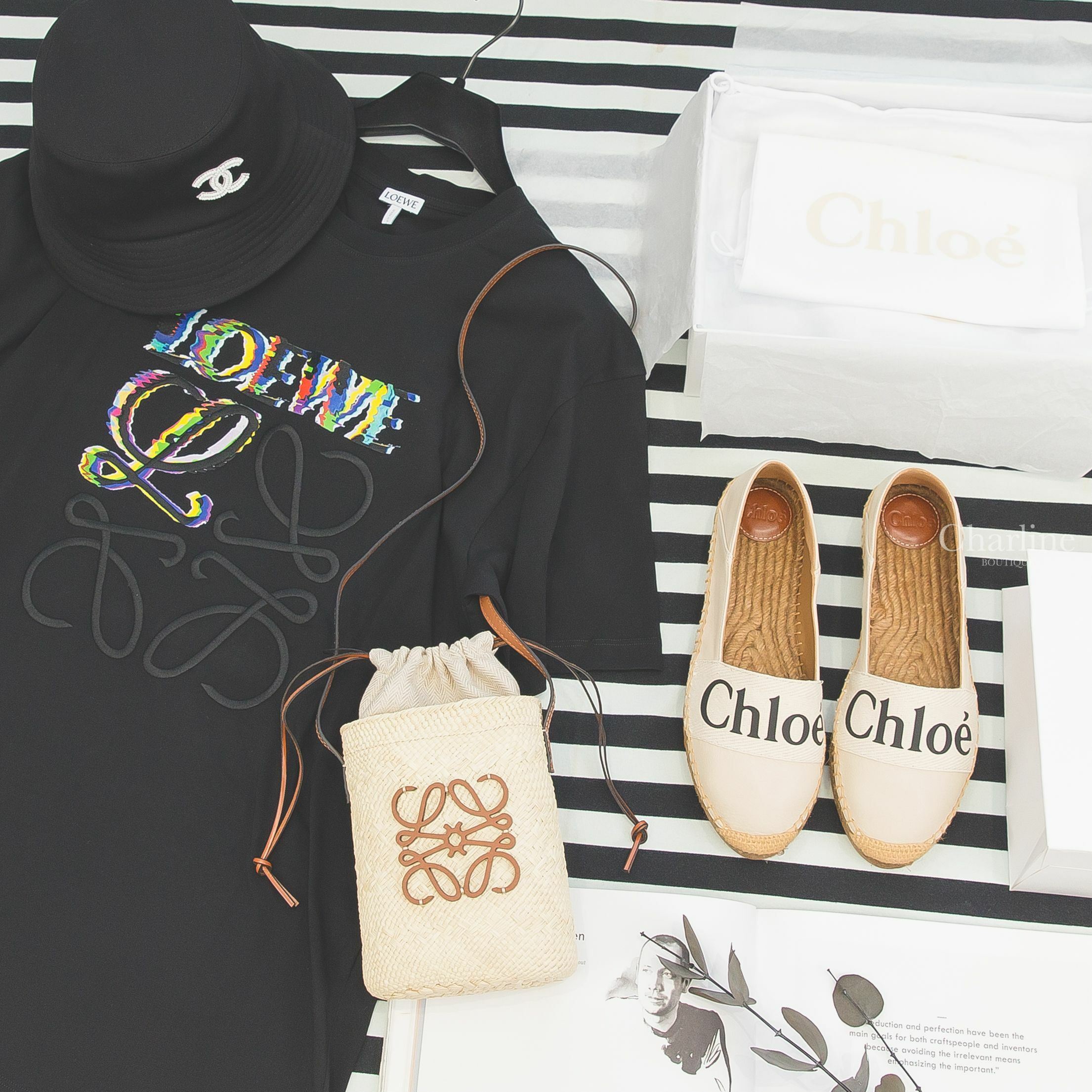 Loewe Pocket 棕褐色牛皮草編肩背包,Chanel Hat 黑底白珠珠CC漁夫帽,Loewe T-shirt 黑色彩色潑墨刺繡短袖棉T,Chloe Espadrille 白底棉質黑Logo草編鞋-Charline Boutique 精品代購