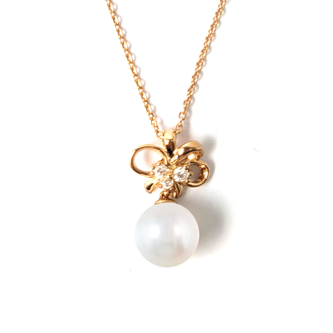 韓國18K玫瑰金天然鑽石 Akoya 珍珠蝴蝶結吊墜