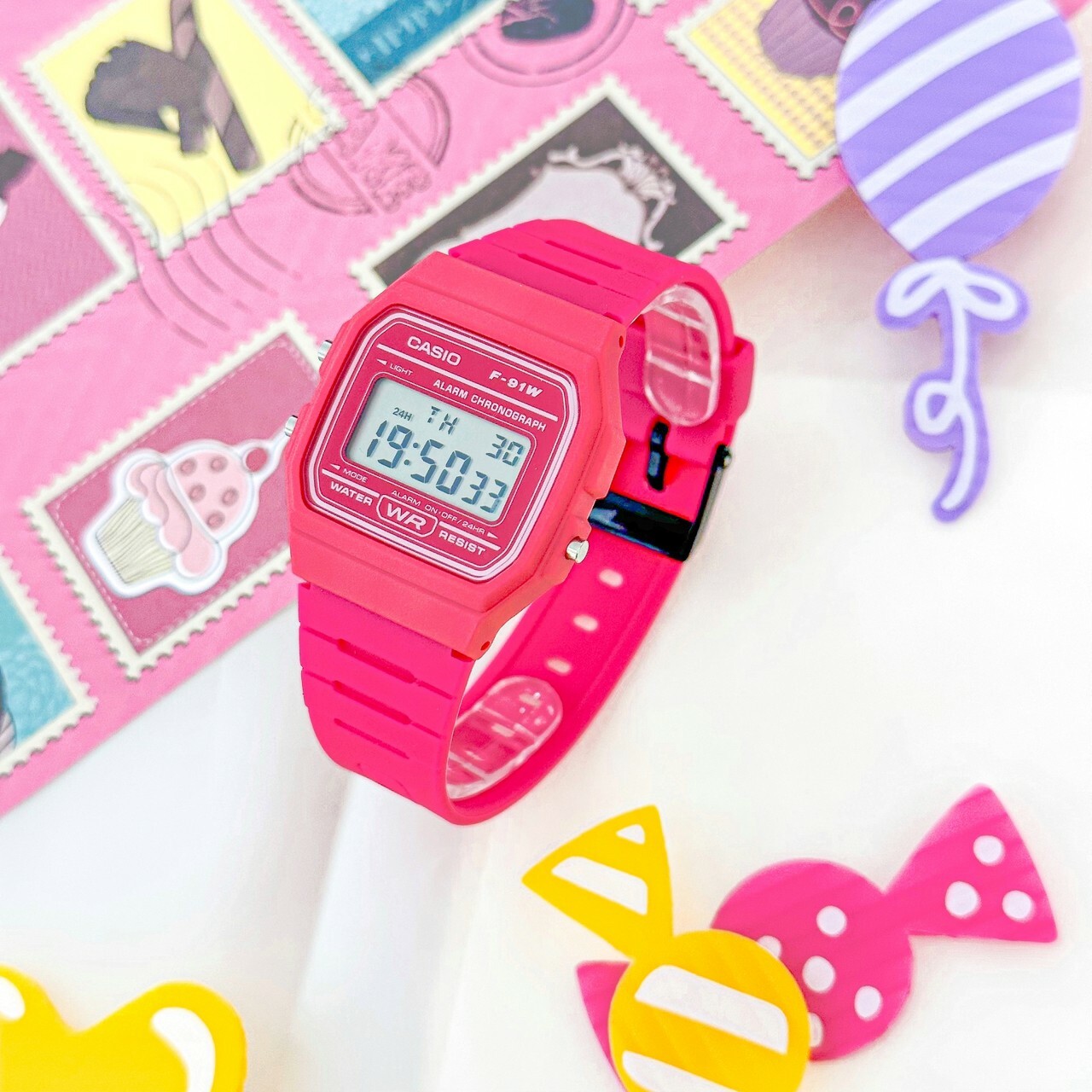 【CASIO 卡西歐】經典方形百搭繽紛電子錶 F-91WC-4A 35.2mm 現代鐘錶