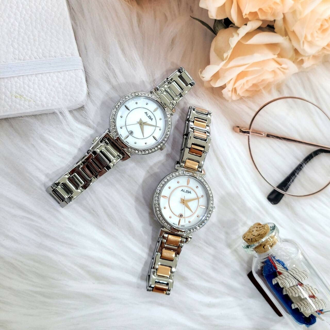 【ALBA 雅柏】珍珠貝晶鑽女錶VJ22-X389S (銀)/ VJ22-X389KS (半金)31mm 現代鐘錶