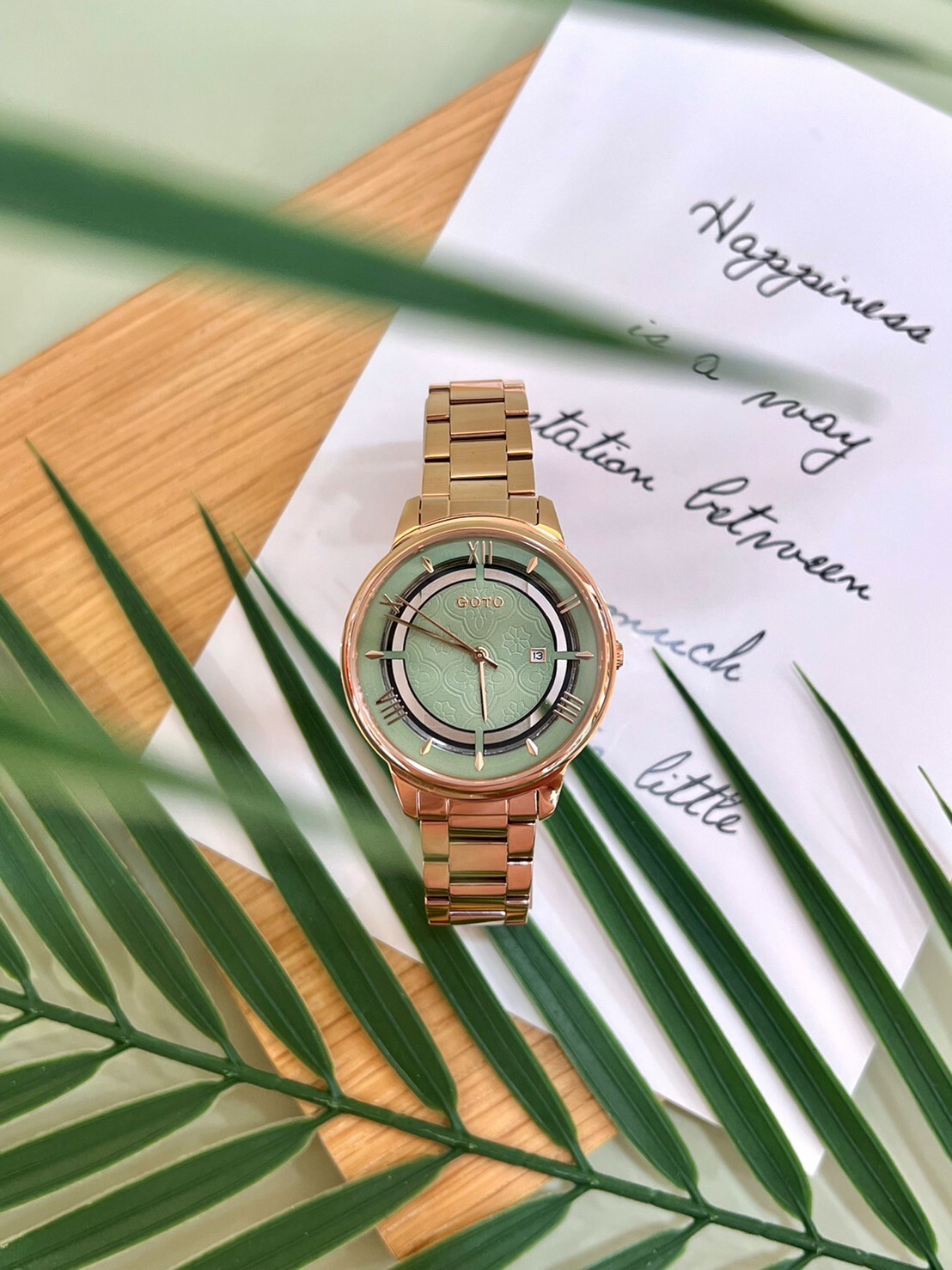 【GOTO】復古海棠花玻璃紋簍空系列-田野綠GS0117B-44-G41 37mm/GS0117L-44-G41 28mm 現代鐘錶