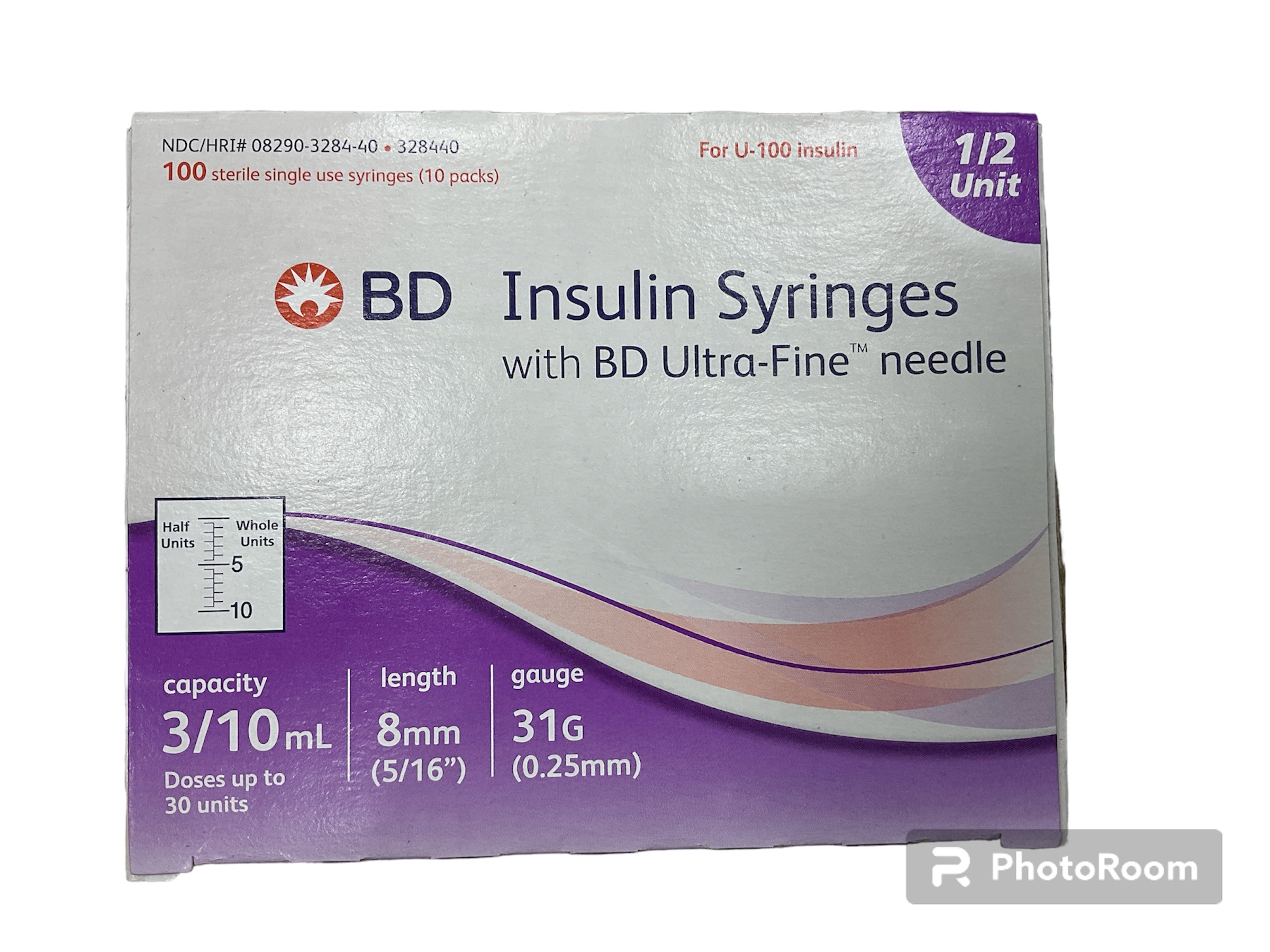 BD insulin syringes 1/2 unit 3/10ml 328440 100s
