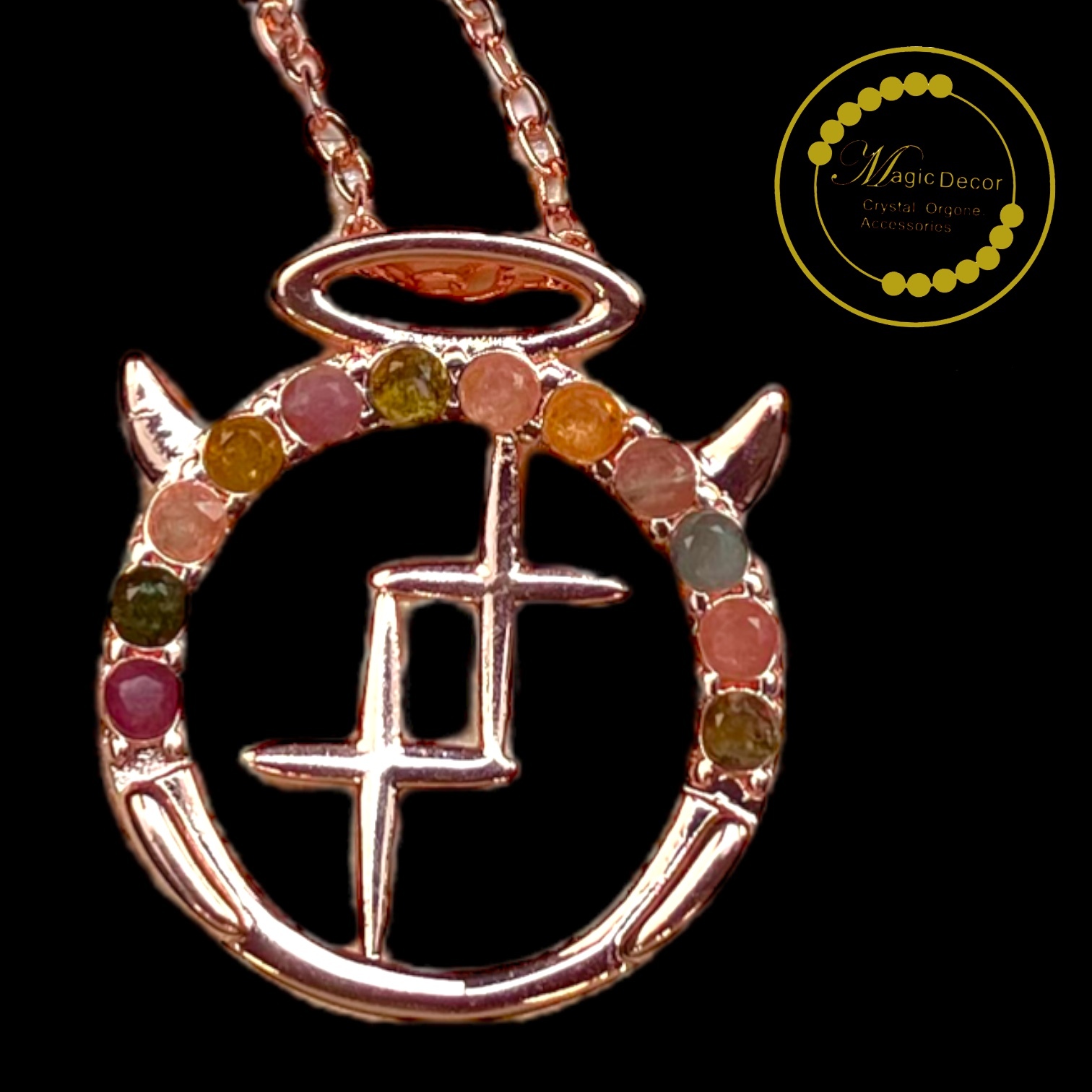 0925-d42 彩碧璽12星座玫瑰金吊咀+鈦鋼鏈（雙子座）