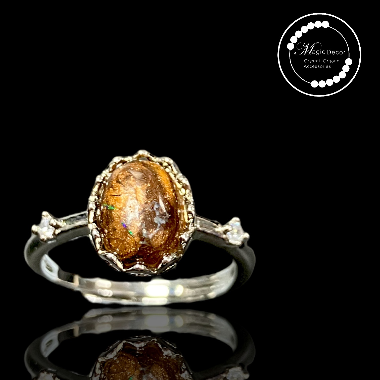 250712 - B78 歐珀石橢圓小花邊半銀開口戒指