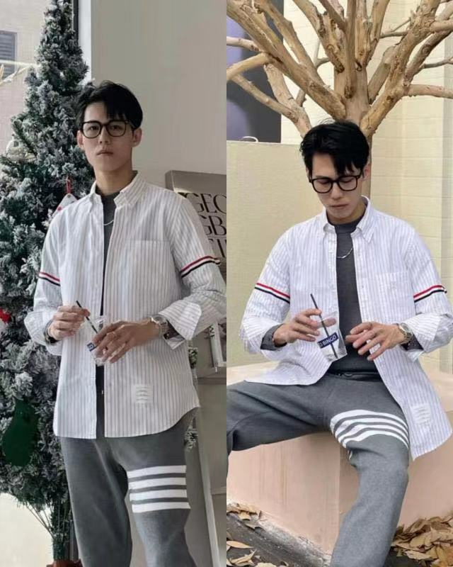 Thom Browne  白色條紋彩標襯衫 -T